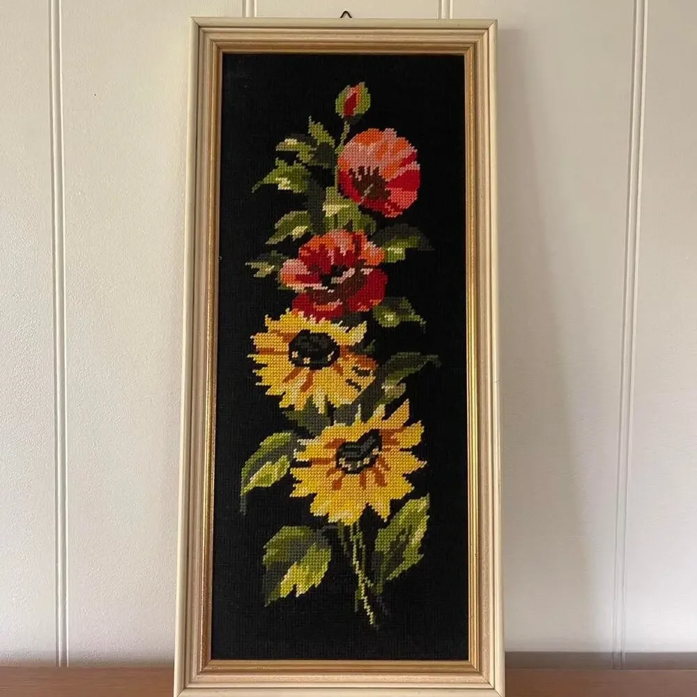 Vintage 1920s French Needlepoint Framed Embroidery Wall Art Sunflowers 🌻